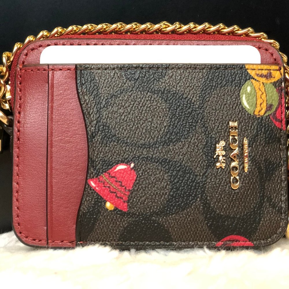 NEW Coach Zip Card Case Dogleash Clip w. Chain Signature Canvas Ornament Print